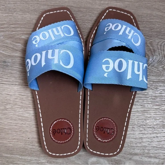 Woody Flat Logo Ribbon Slide Sandals Blue and White Size 38 (women’s 7) - Picture 2 of 4